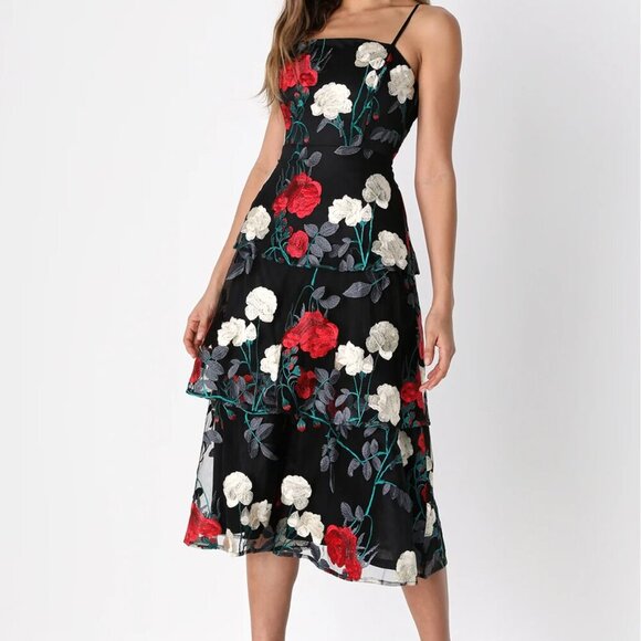 NWT Lulus Forever Lovable Black Floral Embroidered Tiered Midi Dress (size S) - Picture 4 of 12